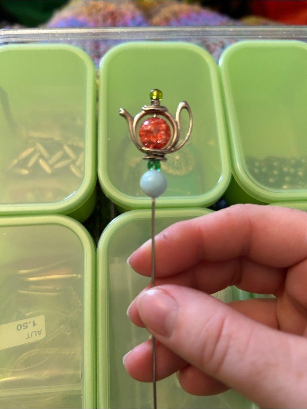 Source Unknown Gold Teapot Brooch with Orange and Green Accents